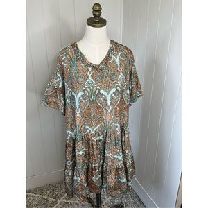 Paani Womens Size Large Tiered Tunic Top Mini Dress Blue Paisley Bell Sleeves